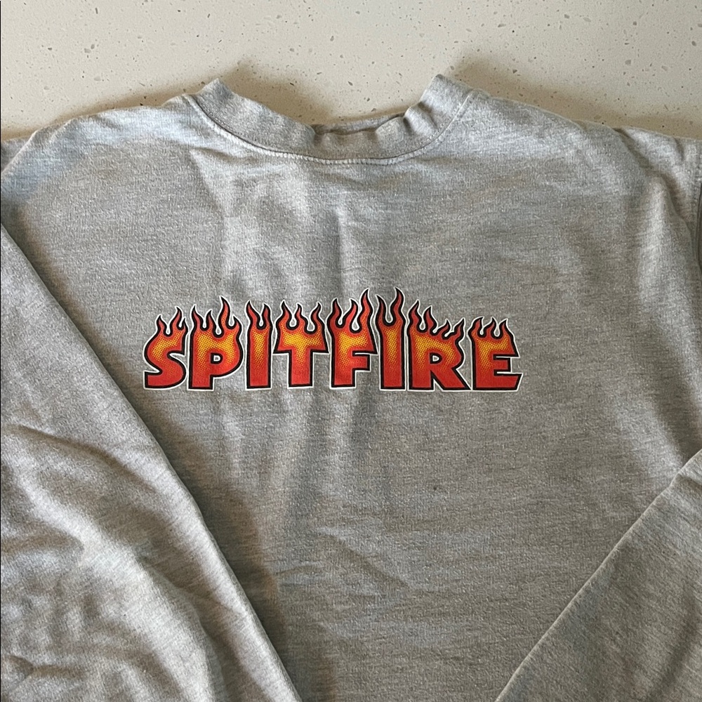 Spitfire Gray crewneck with Red and Orange Flame Logo